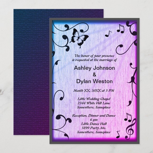 Music Butterfly Leaves Blue & Purple Wood Wedding Invitation (Front/Back)