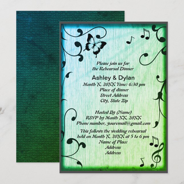 Music Butterfly Leaves Green Wood Wedding Invitation (Front/Back)