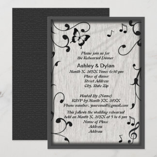 Music Butterfly Leaves Grey Black Rehearsal Dinner Invitation