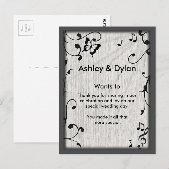 Music Butterfly Leaves Grey & Black Wood Wedding Postcard (Front/Back)