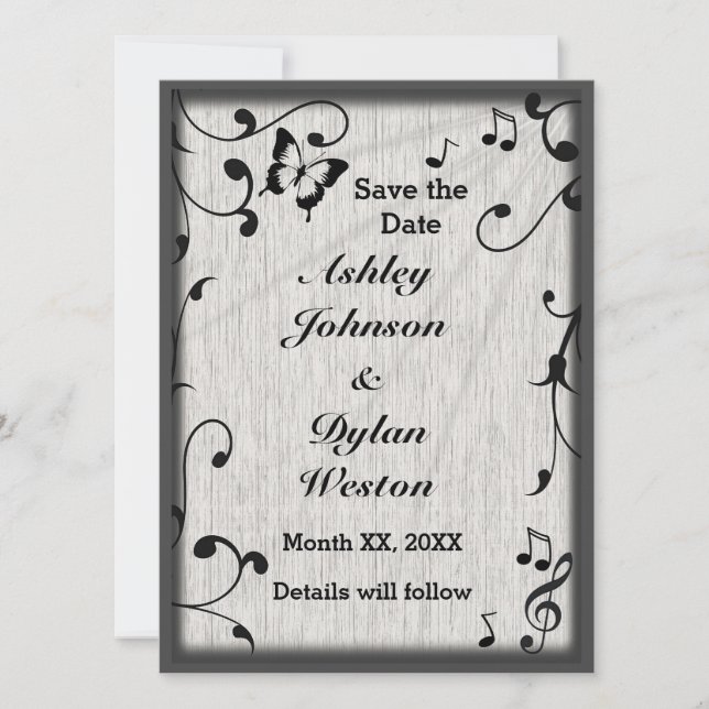 Music Butterfly Leaves Grey & Black Wood Wedding Save The Date (Front)