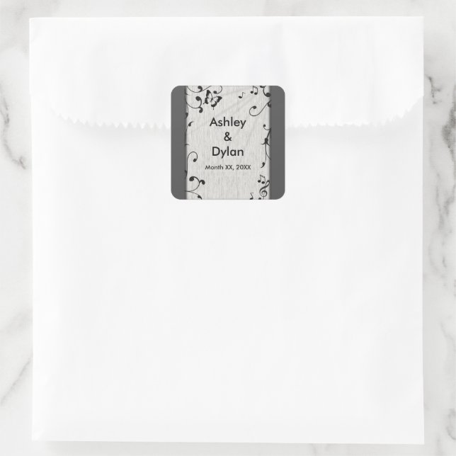 Music Butterfly Leaves Grey & Black Wood Wedding Square Sticker (Bag)