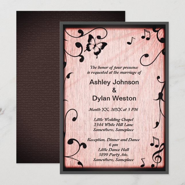 Music Butterfly Leaves Pink Rustic Wood Wedding Invitation (Front/Back)
