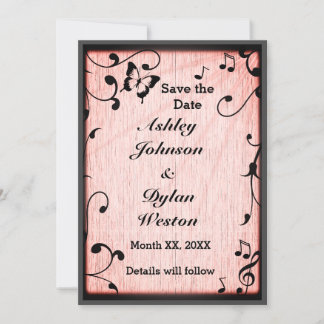 Music Butterfly Leaves Pink Rustic Wood Wedding Save The Date