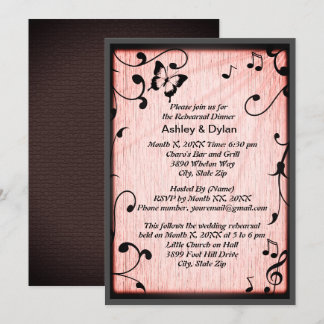 Music Butterfly Leaves Pink Wood Rehearsal Dinner Invitation