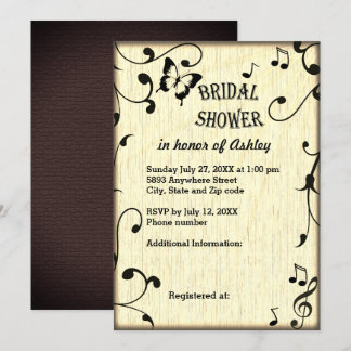 Music, Butterfly, Leaves Tan Wood Bridal Shower Invitation