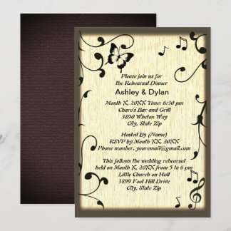 Music Butterfly Leaves Yellow Tan Wood Wedding Invitation