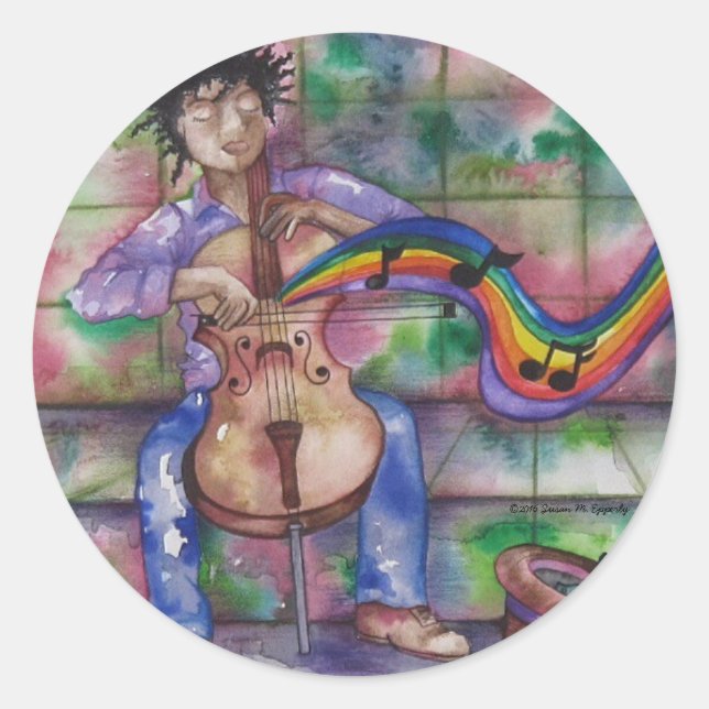 Music Cello Rainbow Watercolor Illustration Classic Round Sticker (Front)