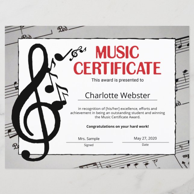 Music Certificate Student Recognition Certificates (Front)