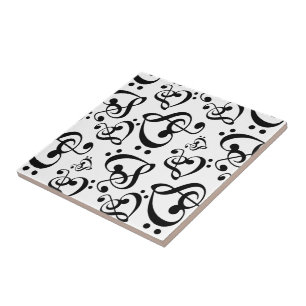 Music Clef Hearts Black And White Pattern Tile