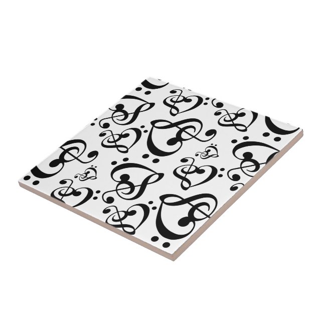 Music Clef Hearts Black And White Pattern Tile (Side)