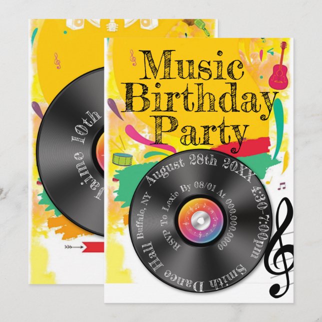 Music Dance Colourful Record Birthday Party Invitation (Front/Back)