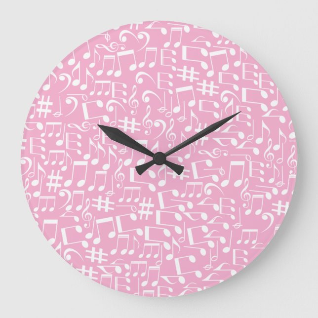 Music Dancing White Notes Soft Pink Large Clock (Front)