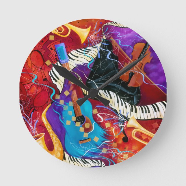 Music Decor Clock Jazz Piano Sax Guitar Colourful (Front)