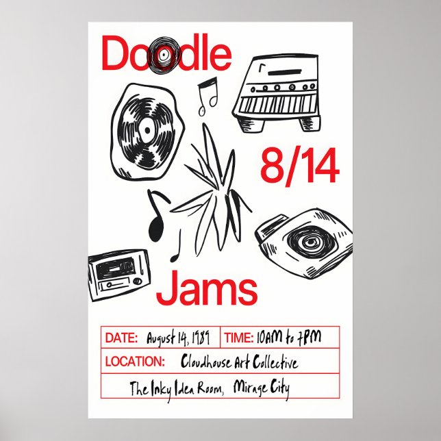 Music Doodle Art Print Retro Vinyl, Cassette (Front)