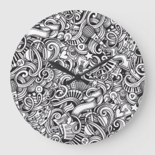 Music Doodles Vintage Background Large Clock