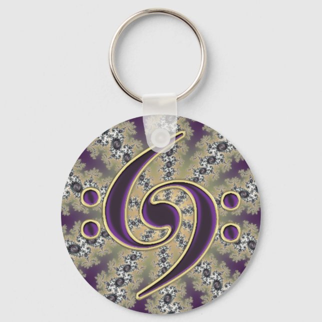 Music Double Bass Clef on Gold Fractal Keychain (Front)