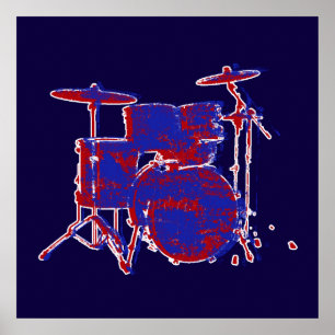 music, drum kit red & blue poster
