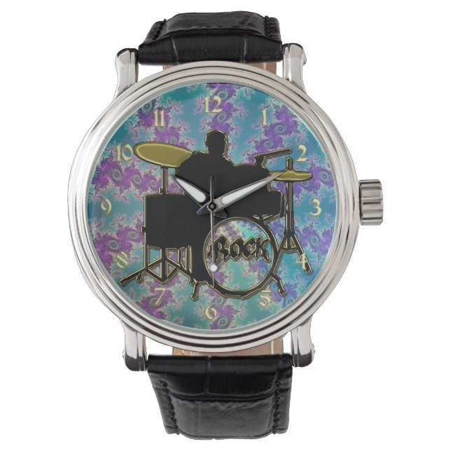 Music Drummer and Blue Green Fractal Star Watch (Front)