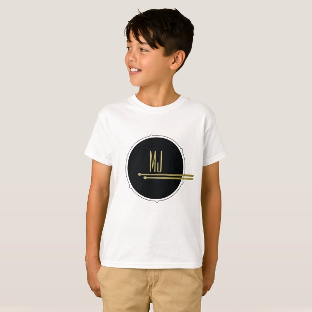 Music Drums Simple Black and White Monogrammed T-Shirt (Front Full)