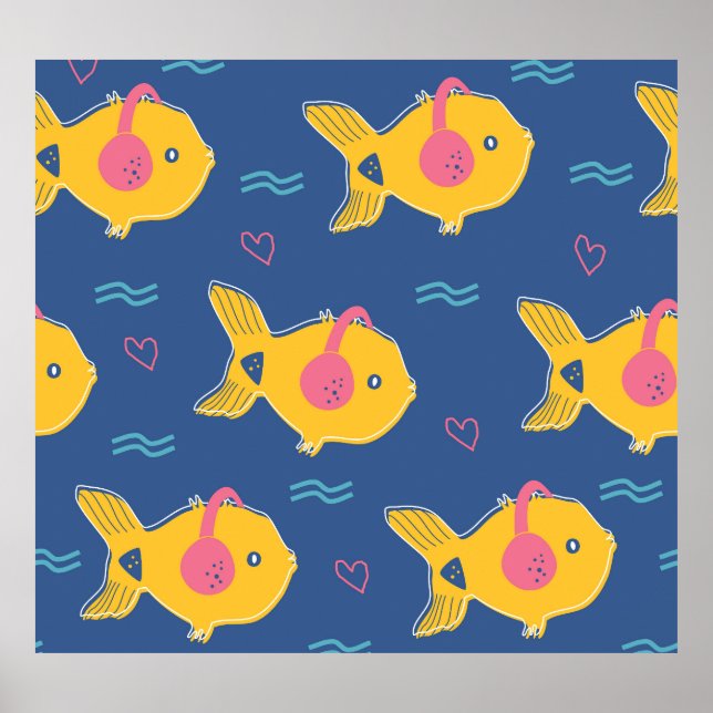 Music Fishes: Cartoon Vintage Pattern. Poster (Front)