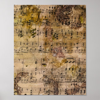 Music Floral Grunge Decoupage Botanical  Poster