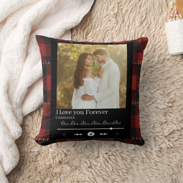 Music Frame Couple Photo Red Plaid  Name & Title  Throw Pillow (Blanket)