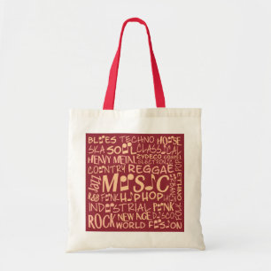 Music Genres Word Collage tote bags