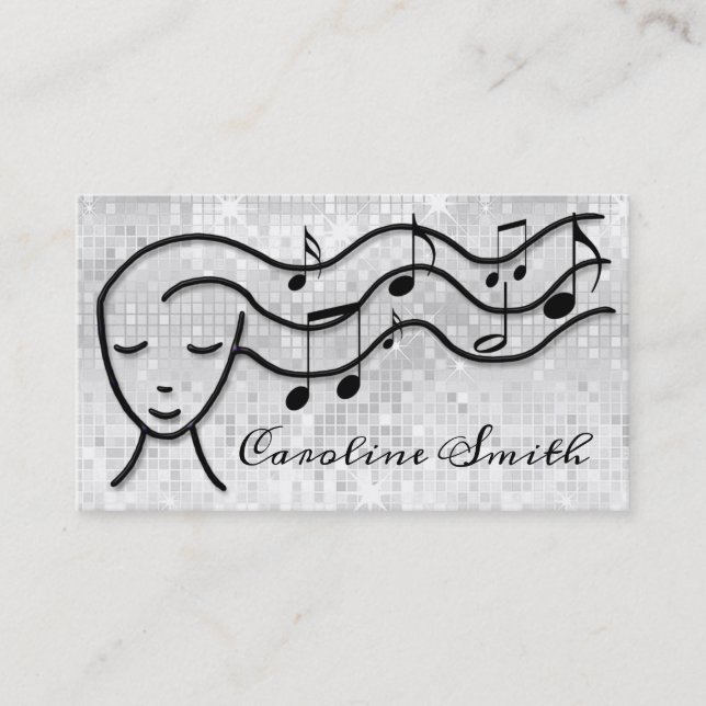 music girl on faux silver sequin design business card (Front)