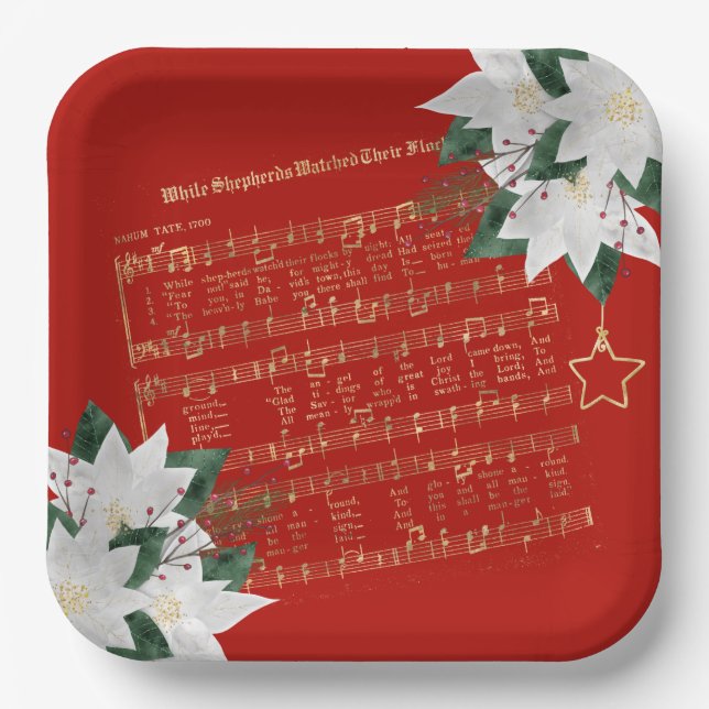 Music Gold White Poinsettia Hymn Christmas Paper Plate (Front)