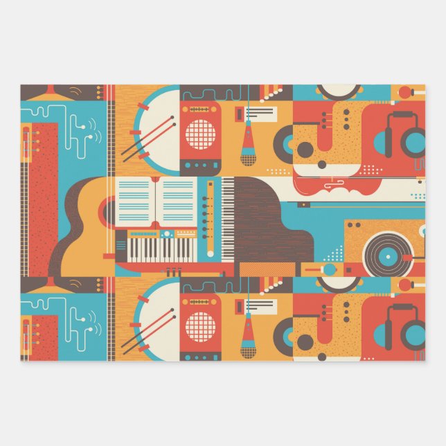 Music Guitar Piano Colourful Wrapping Paper Sheet (Front)
