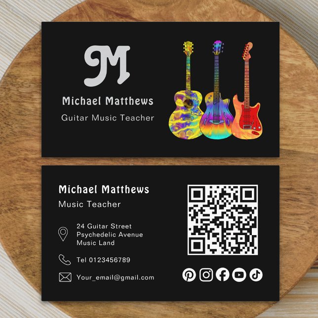 Music Guitar Teacher QR Code Social Media Custom Business Card (Modern retro guitar music tutor professional musician social media qr code Business card )