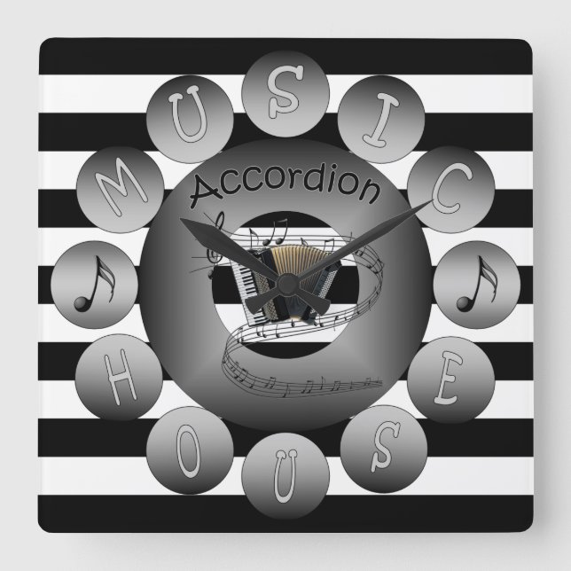 Music House Clock~ Accordion~ Spiral Scale~Stripes Square Wall Clock (Front)