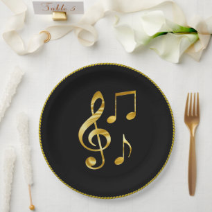 Music icons, gold circle on black, paper plate