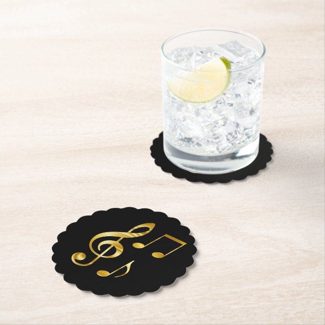 Music icons, gold on black, paper coaster (Insitu)