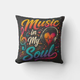 Music in My Soul Colourful Headphones Heart Musi Throw Pillow