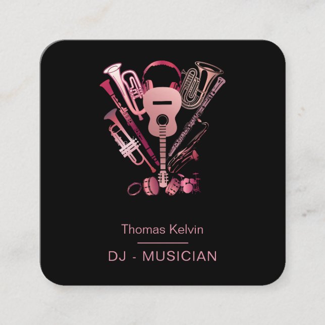  Music Instruments Event Organizer DJs Rose gold Square Business Card (Front)
