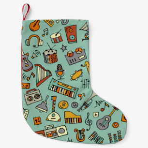 Music instruments sketch,seamless pattern small christmas stocking