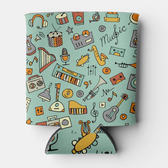 Music instruments, vintage sketch pattern. can cooler (Front)