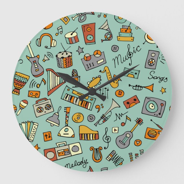 Music instruments, vintage sketch pattern. large clock (Front)