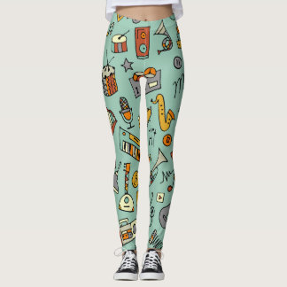Music instruments, vintage sketch pattern. leggings