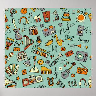 Music instruments, vintage sketch pattern. poster