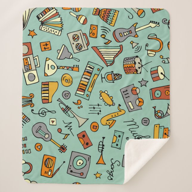 Music instruments, vintage sketch pattern. sherpa blanket (Front)