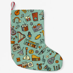Music instruments, vintage sketch pattern. small christmas stocking