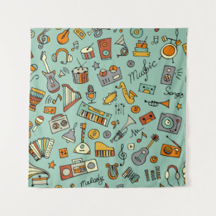 Music instruments, vintage sketch pattern. tapestry