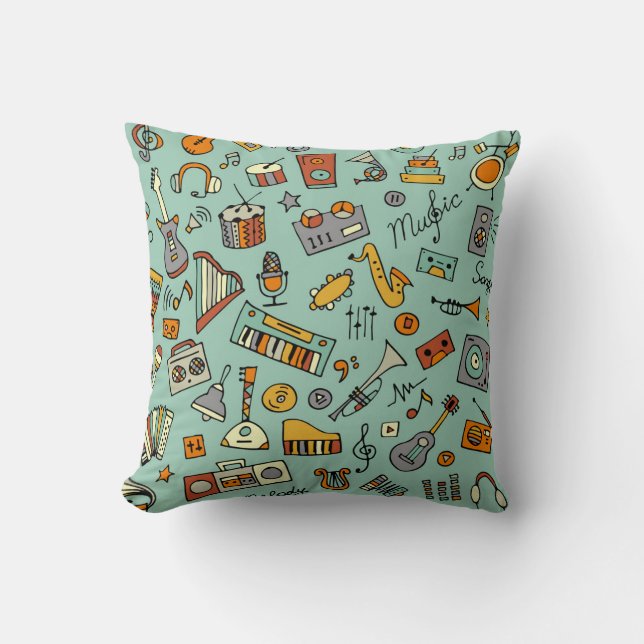 Music instruments, vintage sketch pattern. throw pillow (Front)