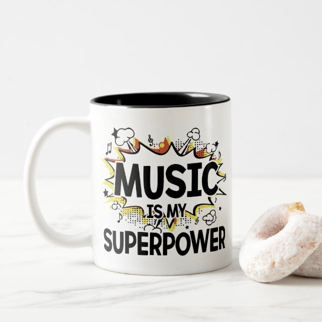 Music Is My Superpower Red and Yellow Design Mug (With Donut)