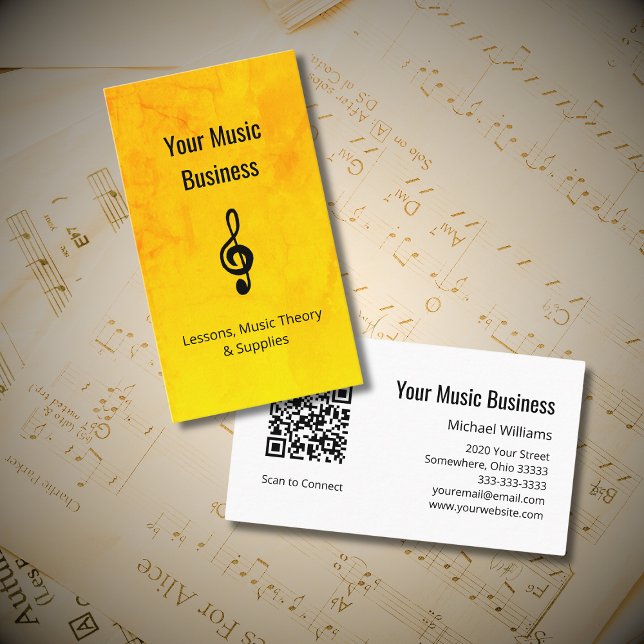 Music Lessons QR code Treble Clef Gold Business Card (Creator Uploaded)