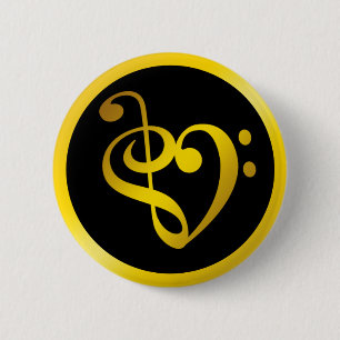 Music Love Heart Symbol Clef Notes in Gold Black 2 Inch Round Button