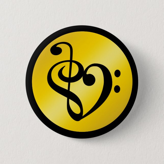 Music Love Heart Symbol Clef Notes in Gold Black 2 Inch Round Button (Front)